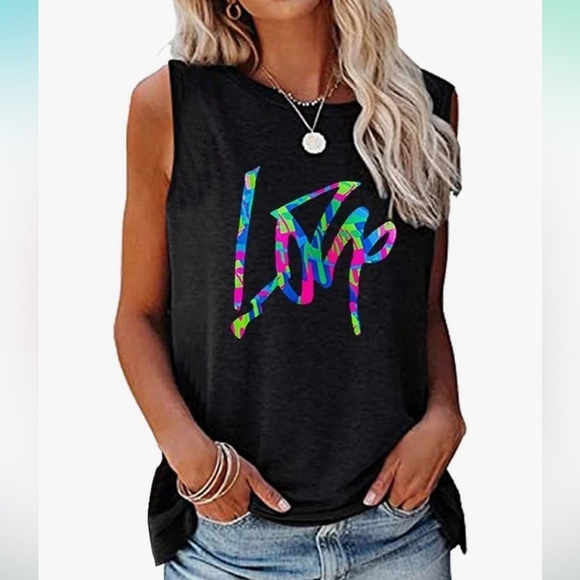 🦋 MagicMK Black Love Colorful Sleeveless Tank Top Muscle Tee XXL 2XL Workout - Picture 1 of 7